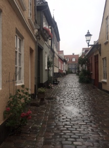Katunäkymä Aalborgissa sateisena lauantaina heinäkuussa 2015. En ole varma, määrittelisikö Nykyajan Tanska -teoksen kirjoittaja nämä uusiksi vai vanhoiksi.